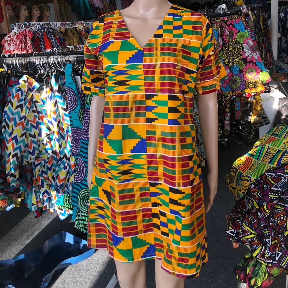 African Kente Ankara dress with turban hair cap